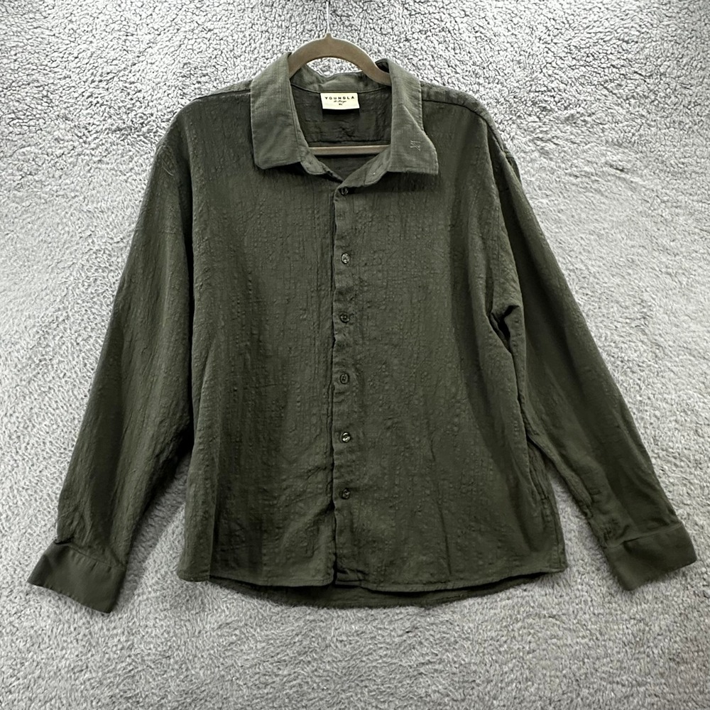 YoungLA Men's XL Textured Cotton Button Down Shirt Olive Green Long Sleeve EUC